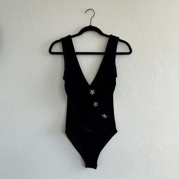 Dusty Daze Purple Velvet Plunge Front Body Suit with Gold Rhinestone Starfish - Picture 2 of 7